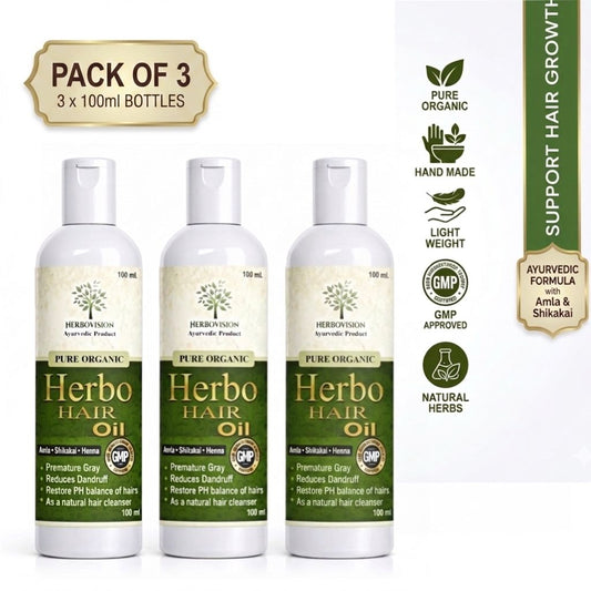Herbovision Herbo Hair Oil Combo Pack of 3 (100ml Each) | Fast Hair Growth, Stops Hair Fall, Thick & Strong Hair | Herbal Oil for Men & Women