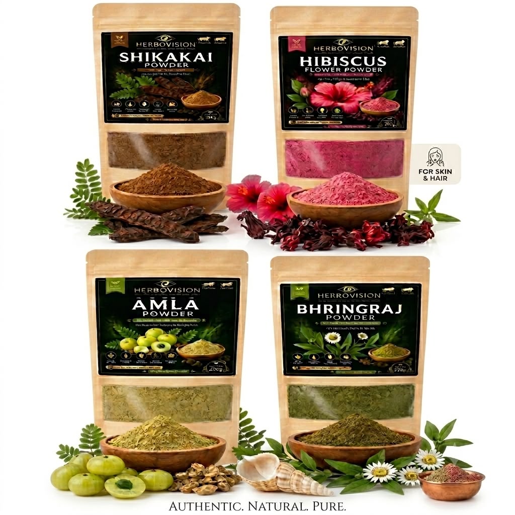 Herbovision Pure Organic Amla,Shikakai,Bhringraj,Hibiscus Hair Pack of 4 Combo