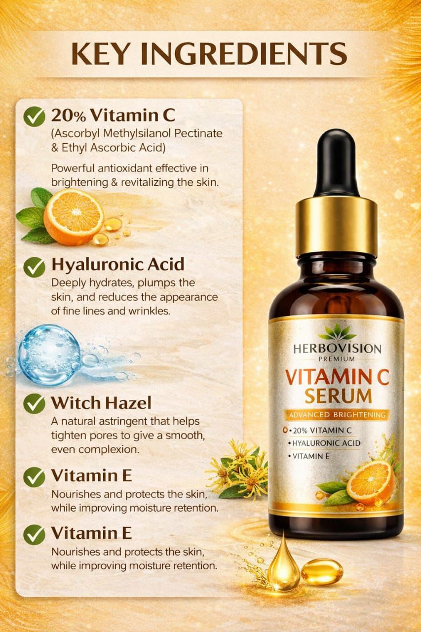 Herbovision Vitamin C Face Serum (30ml) | Skin Brightening & Glow Booster | Reduces Dark Spots & Pigmentation | Hydrating & Anti-Aging Serum for All Skin Types