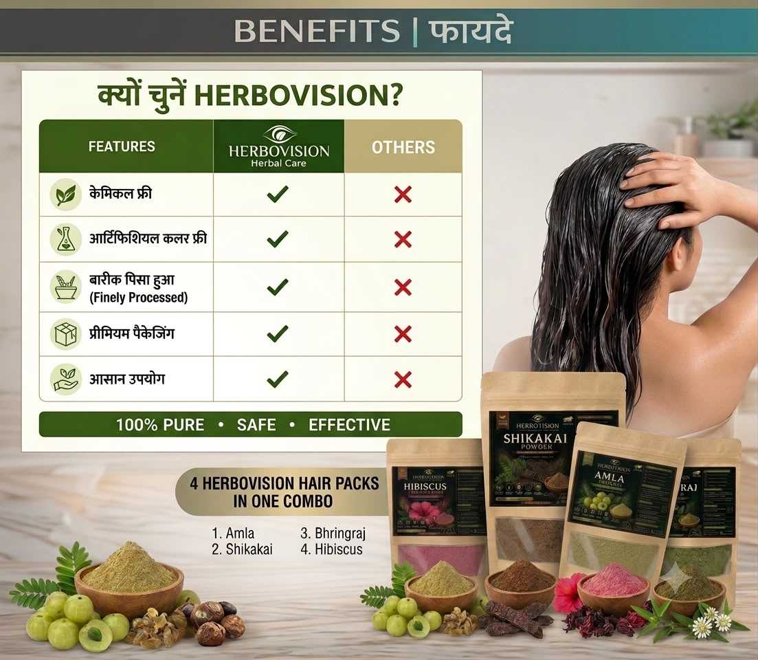 Herbovision Pure Organic Amla,Shikakai,Bhringraj,Hibiscus Hair Pack of 4 Combo